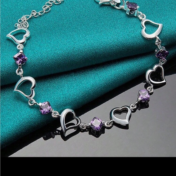925 Sterling Silver Plated Heart and Purple Zirconia Bracelet - Picture 4 of 6